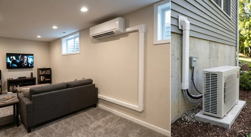Mini split air conditioner installed in a finished basement.