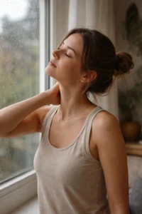 Person gently stretching their neck near a window on a rainy day, showing how neck pain can flare before rain