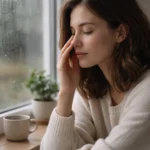 Person indoors touching their face near the sinuses while rain clouds gather outside, showing sinus pressure before rain