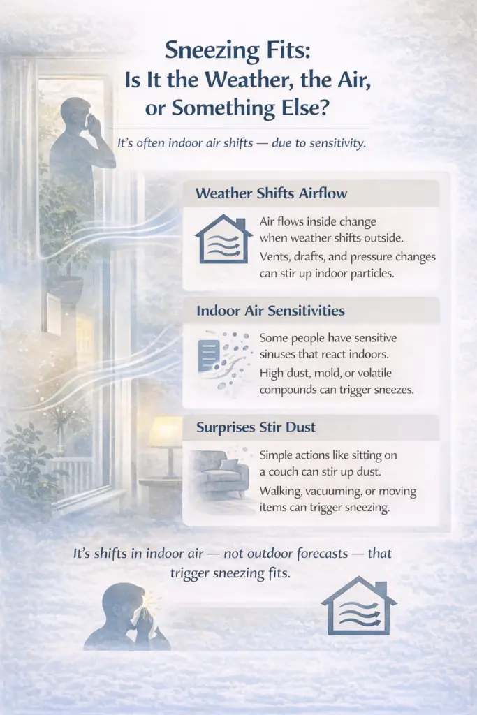 Explainer graphic showing how indoor air changes between rooms can trigger sneezing fits