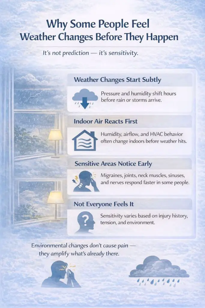 Explainer graphic showing how pressure, humidity, and indoor air changes can make some people feel weather changes before they happen