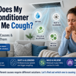 Person coughing while sitting beneath a ceiling air vent with illustrations showing dry air, dust, allergens, and mold as possible causes.