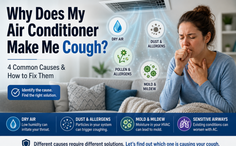 Person coughing while sitting beneath a ceiling air vent with illustrations showing dry air, dust, allergens, and mold as possible causes.