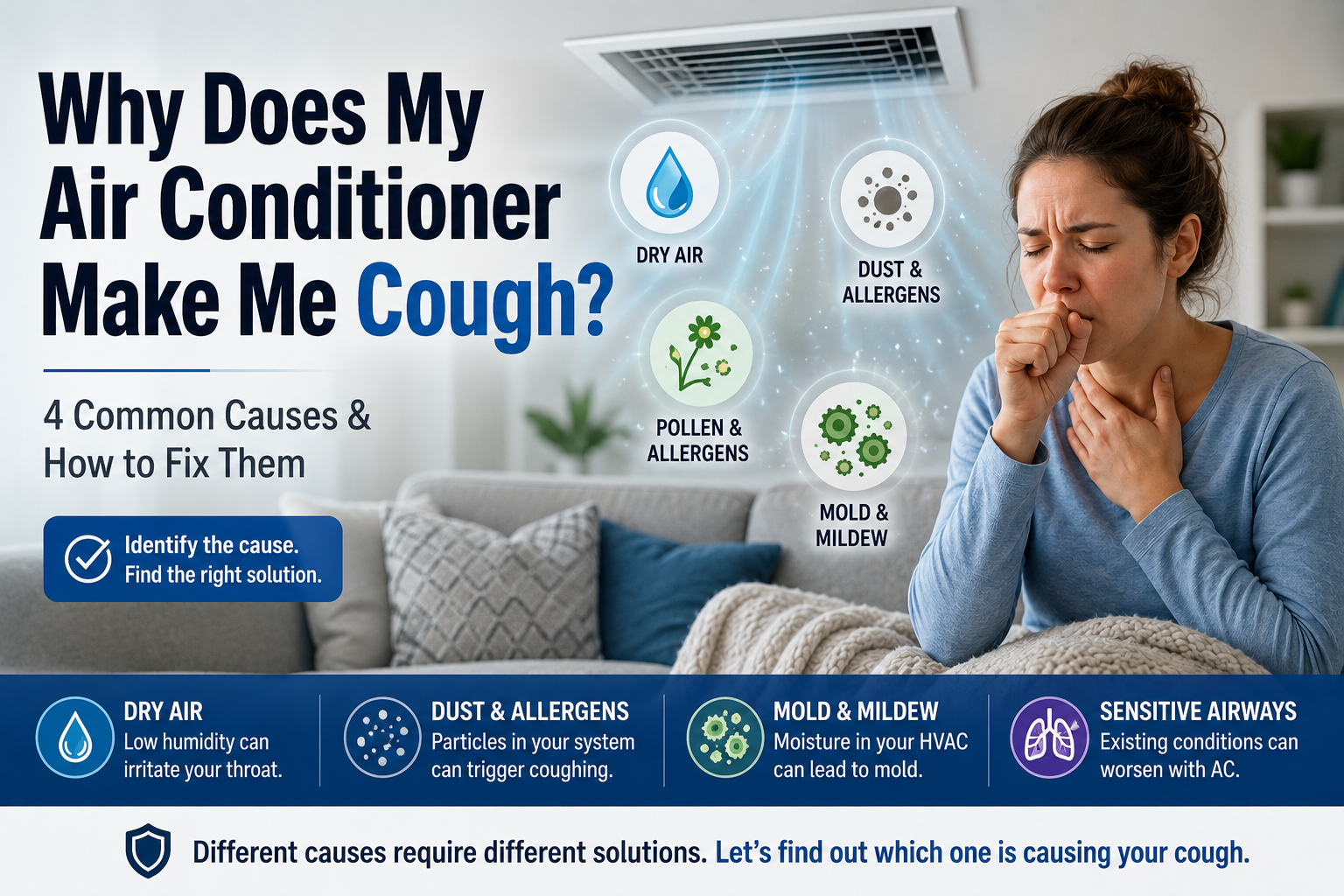 Person coughing while sitting beneath a ceiling air vent with illustrations showing dry air, dust, allergens, and mold as possible causes.