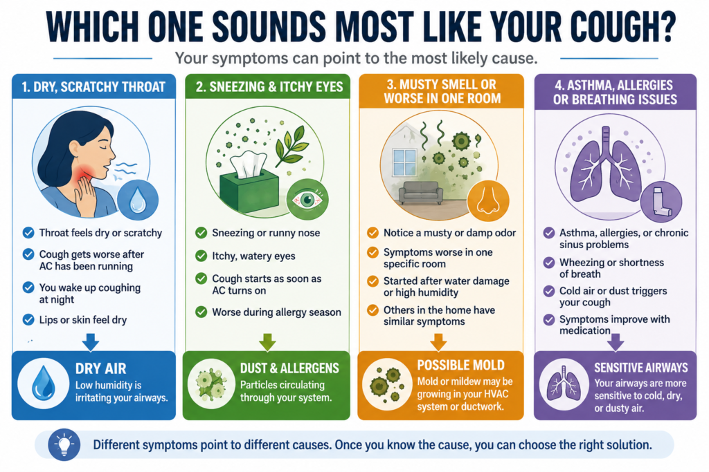 Infographic helping homeowners identify whether dry air, dust and allergens, mold, or sensitive airways are the most likely cause of coughing when the air conditioner is running.