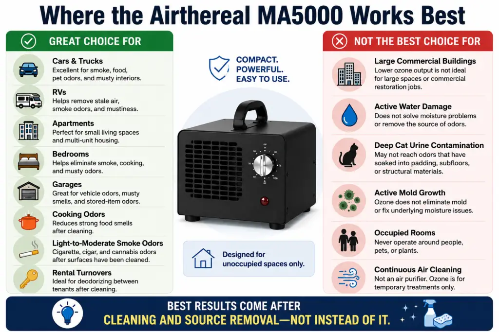 Infographic showing the best uses for the Airthereal MA5000 ozone generator, including cars, apartments, garages, smoke odors, cooking odors, and rental turnovers, plus situations where it is not recommended, such as active mold, water damage, deep pet urine contamination, occupied spaces, and continuous air cleaning.