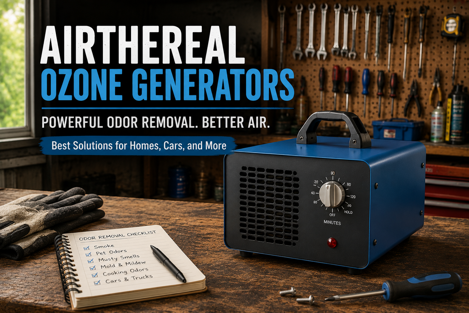 AI illustration of an Airthereal MA5000-style ozone generator on a workshop workbench representing our Airthereal MA5000 review.