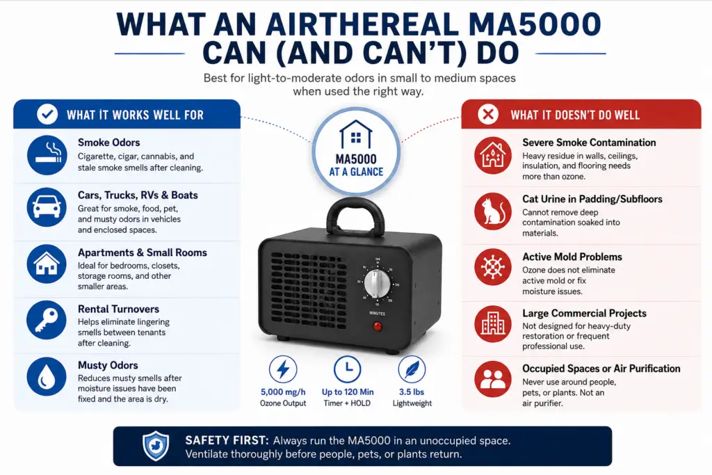 Infographic comparing what the Airthereal MA5000 ozone generator works well for—such as smoke odors, vehicles, apartments, rental turnovers, and musty odors—versus situations where it is less effective, including severe smoke contamination, active mold, deep pet urine contamination, large commercial projects, and occupied spaces.