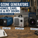 Three ozone generators compared on a workshop workbench for a buyer's guide, including the Enerzen O-888, Airthereal MA5000, and OdorStop OS2500UV