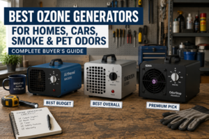 Three ozone generators compared on a workshop workbench for a buyer's guide, including the Enerzen O-888, Airthereal MA5000, and OdorStop OS2500UV