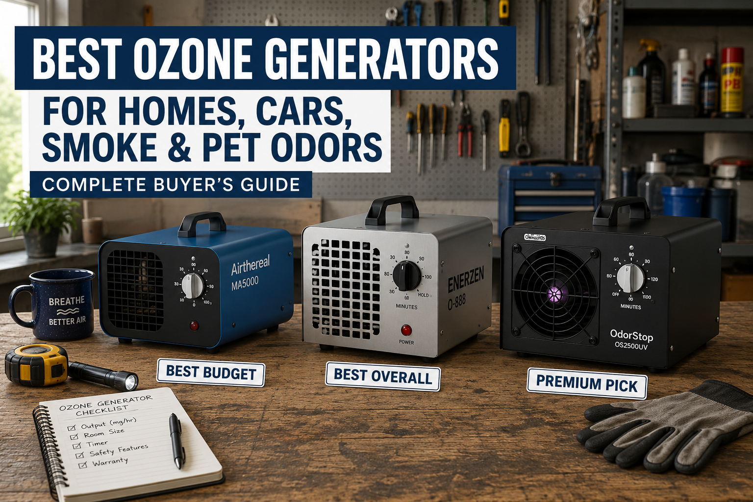 Three ozone generators compared on a workshop workbench for a buyer's guide, including the Enerzen O-888, Airthereal MA5000, and OdorStop OS2500UV