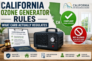 Guide to California CARB ozone generator regulations explaining certification requirements, ozone limits, and air cleaner compliance rules.