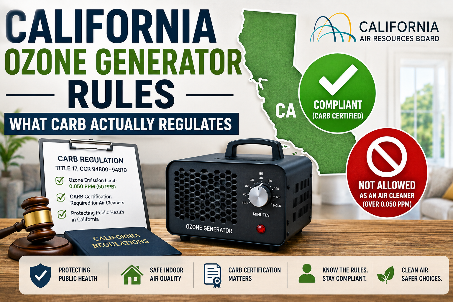 Guide to California CARB ozone generator regulations explaining certification requirements, ozone limits, and air cleaner compliance rules.