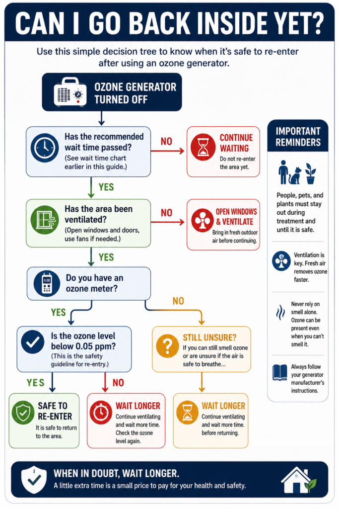 Decision tree showing how to determine when it is safe to re-enter a room after using an ozone generator.