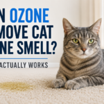 Cat lying on carpet beside a urine stain illustrating whether ozone can remove cat urine smell from a home.