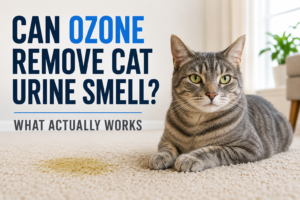 Cat lying on carpet beside a urine stain illustrating whether ozone can remove cat urine smell from a home.