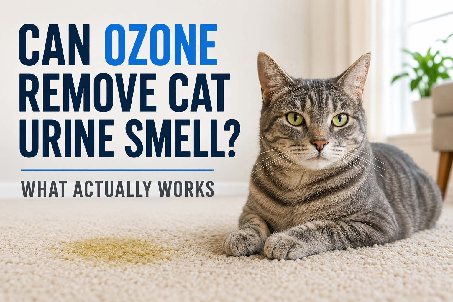 Cat lying on carpet beside a urine stain illustrating whether ozone can remove cat urine smell from a home.