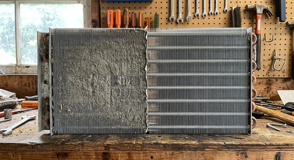 Before and after comparison of dirty and clean AC evaporator coils