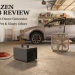 Editorial illustration of a high-output ozone generator in a residential garage after smoke and odor removal, representing our Enerzen O-888 review.