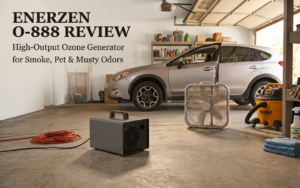 Editorial illustration of a high-output ozone generator in a residential garage after smoke and odor removal, representing our Enerzen O-888 review.