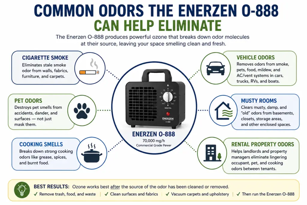 Infographic showing the common household odors the Enerzen O-888 ozone generator can help eliminate, including cigarette smoke, pet odors, cooking smells, vehicle odors, musty rooms, and rental property odors.