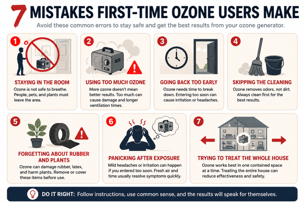 Infographic showing the seven most common mistakes first-time ozone generator users make and how to avoid them