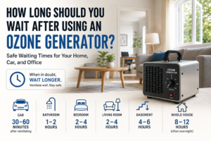 Ozone generator in a living room illustrating safe waiting times before re-entering a treated home.