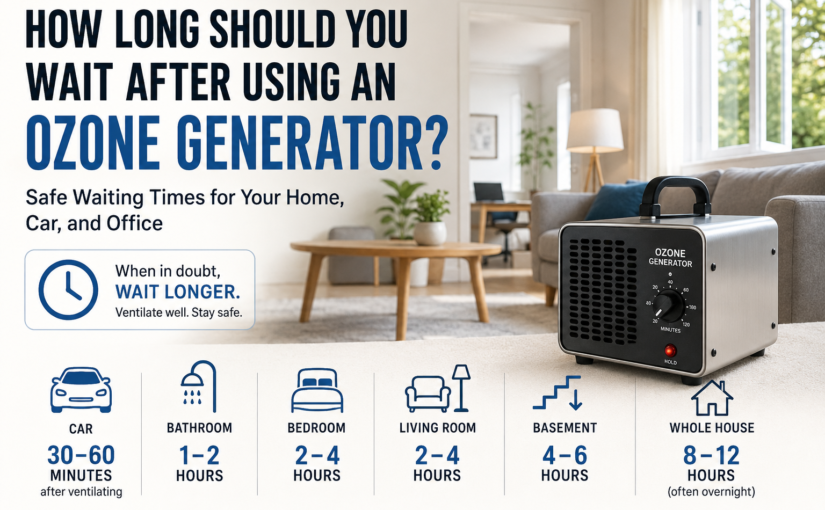 Ozone generator in a living room illustrating safe waiting times before re-entering a treated home.