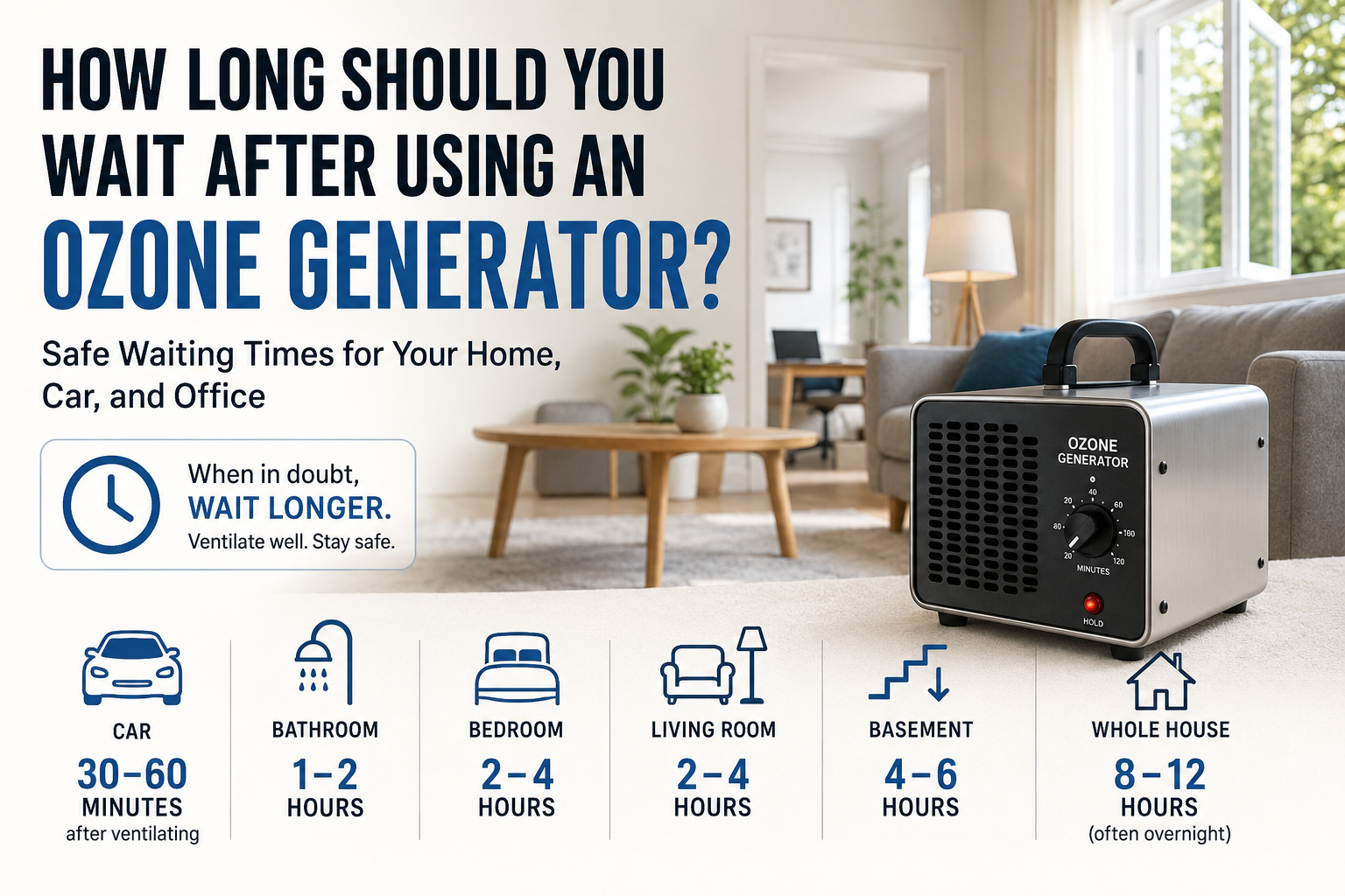Ozone generator in a living room illustrating safe waiting times before re-entering a treated home.