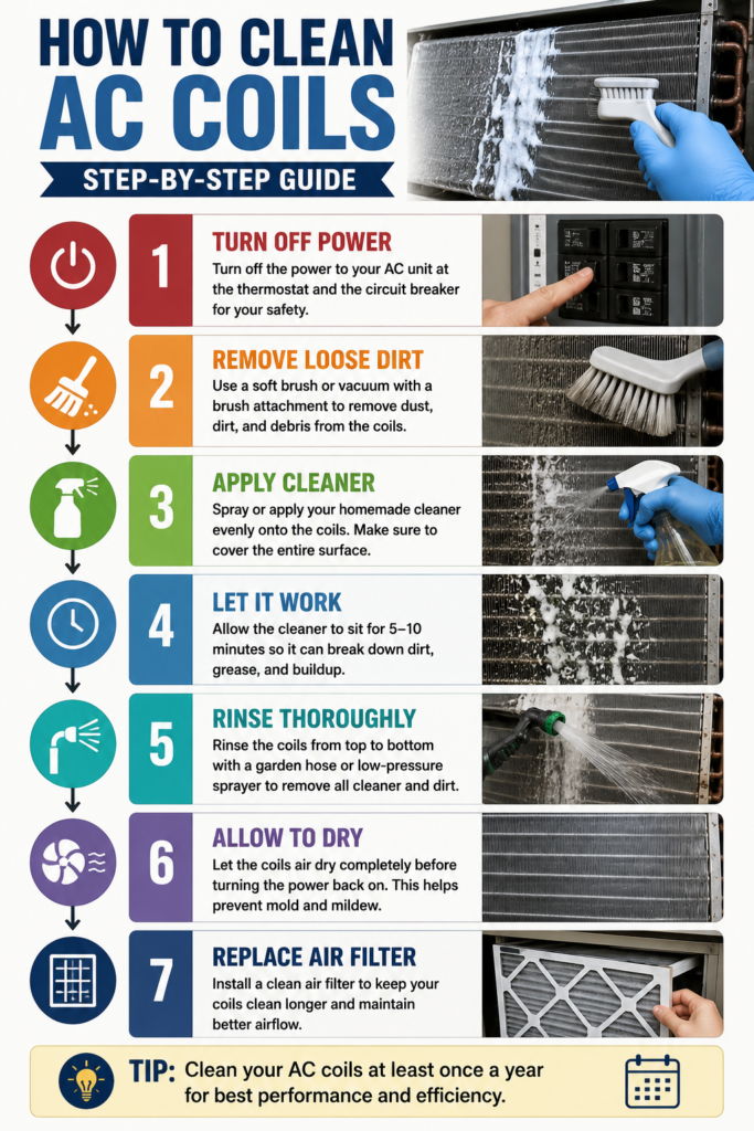 Step-by-step infographic showing how to safely clean AC coils