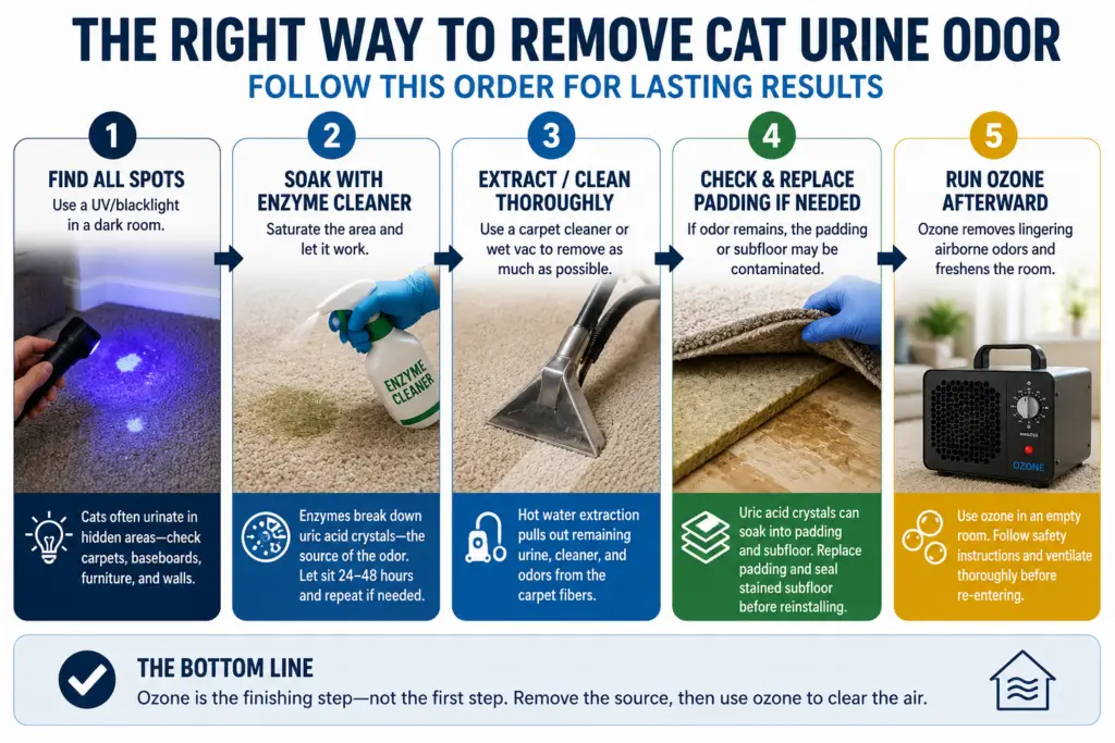 Step-by-step infographic showing how to remove cat urine odor using UV detection, enzyme cleaner, extraction, padding replacement, and ozone treatment.