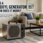 Editorial illustration of a hydroxyl generator operating in an occupied living space, representing a guide explaining how hydroxyl generators work for indoor odor removal.