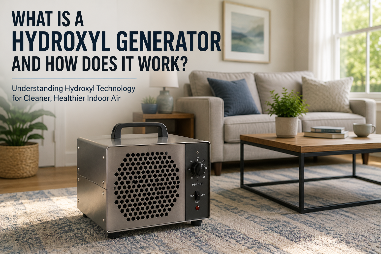 Editorial illustration of a hydroxyl generator operating in an occupied living space, representing a guide explaining how hydroxyl generators work for indoor odor removal.