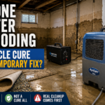 Ozone generator and dehumidifier in a flooded basement showing ozone treatment after water damage and flood cleanup