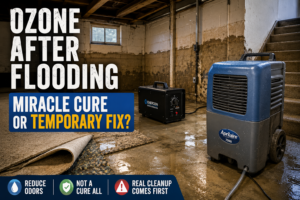 Ozone generator and dehumidifier in a flooded basement showing ozone treatment after water damage and flood cleanup
