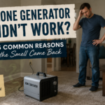 Ozone generator in a living room with a homeowner wondering why odors returned after treatment, illustrating common reasons ozone treatments fail.