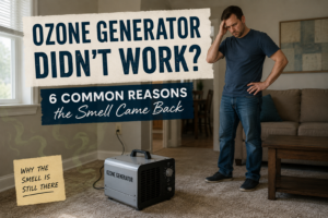 Ozone generator in a living room with a homeowner wondering why odors returned after treatment, illustrating common reasons ozone treatments fail.