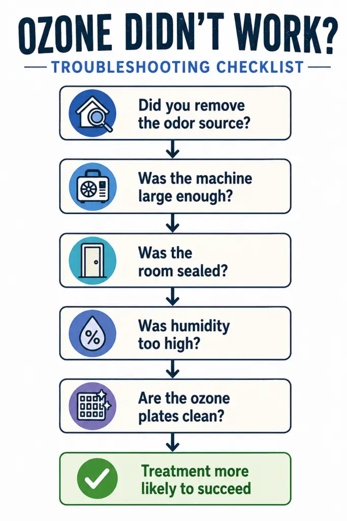 Flowchart explaining why an ozone generator didn't work, including odor source removal, room sealing, humidity levels, machine size, and clean ozone plates.
