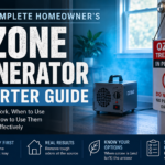 Ozone generator starter guide showing safe ozone treatment in a home with a warning sign and proper ventilation precautions.