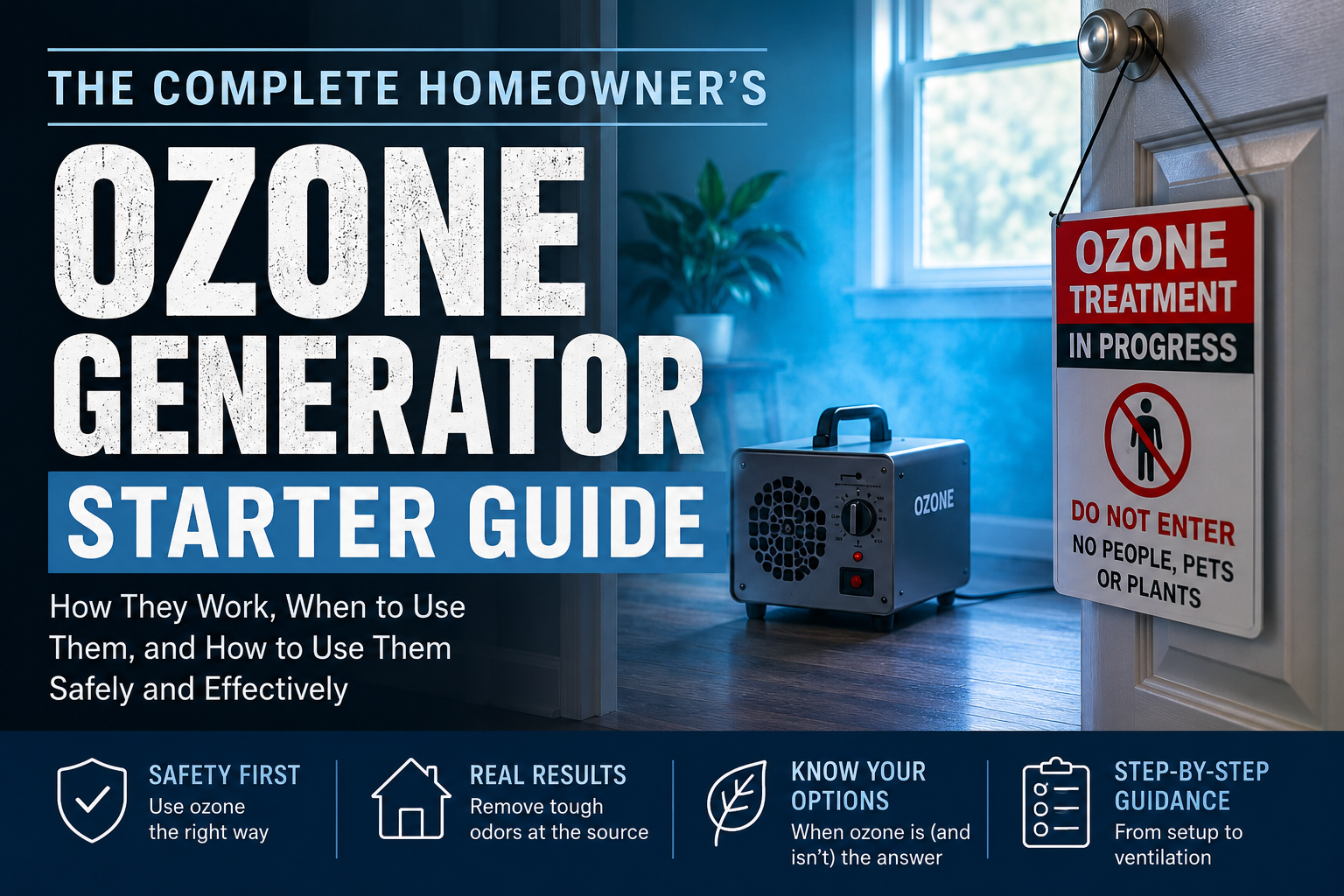 Ozone generator starter guide showing safe ozone treatment in a home with a warning sign and proper ventilation precautions.