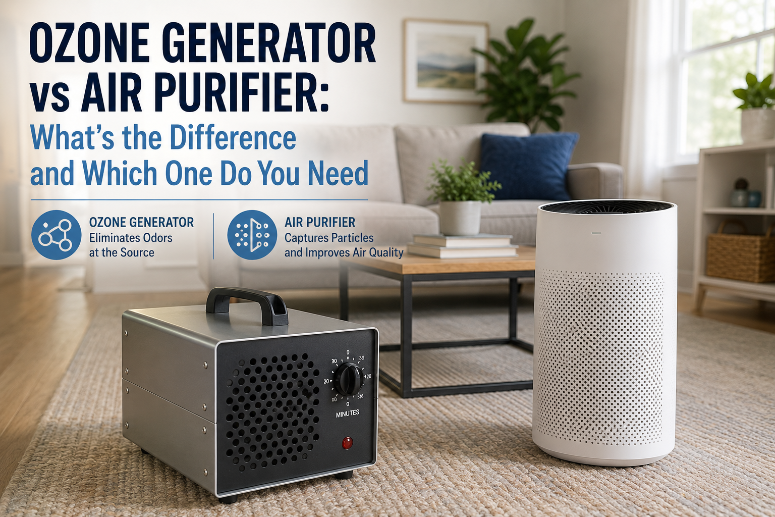 Editorial illustration comparing an ozone generator and a HEPA air purifier in a home living room, highlighting the differences between odor removal and air filtration.