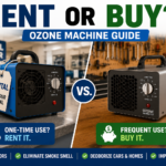 Comparison of renting versus buying an ozone machine showing a rental ozone generator at a rental counter and a purchased ozone generator in a home workshop
