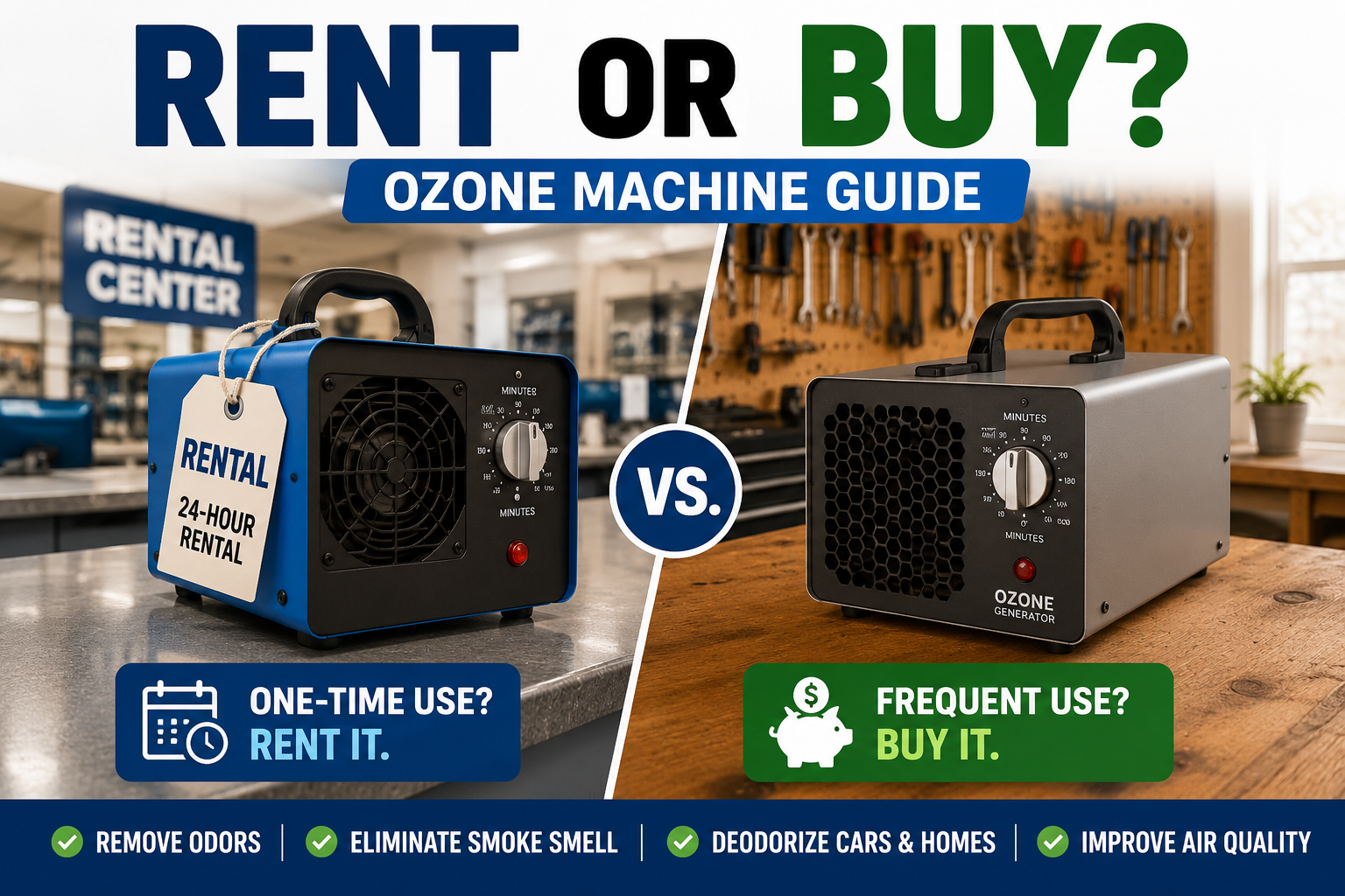 Comparison of renting versus buying an ozone machine showing a rental ozone generator at a rental counter and a purchased ozone generator in a home workshop
