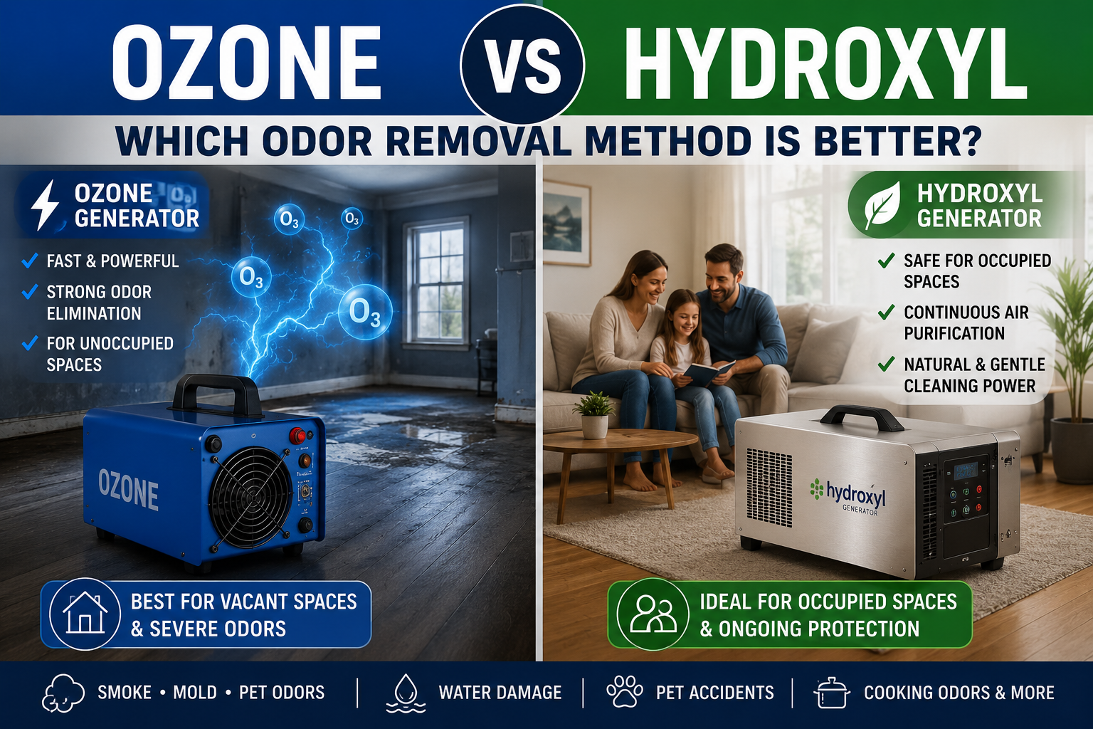 Side-by-side comparison of ozone and hydroxyl generators for smoke, mold, pet odors, and water damage odor removal