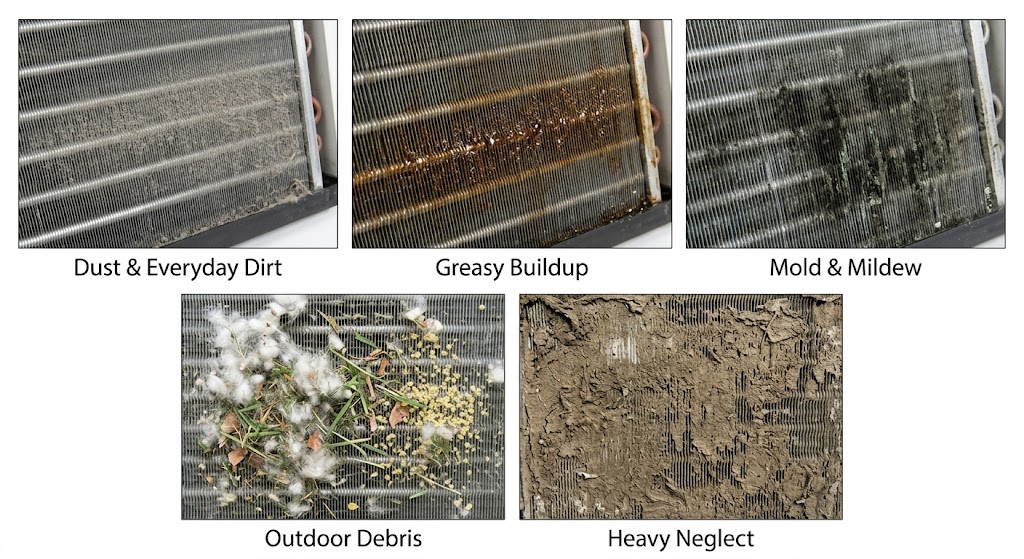 Examples of dust, grease, mold, outdoor debris, and heavy buildup on AC coils