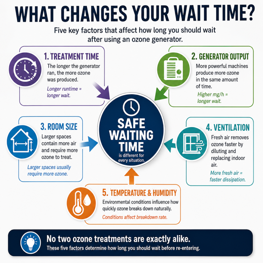 Five factors that affect how long you should wait after using an ozone generator, including runtime, room size, ventilation, generator output, and temperature.