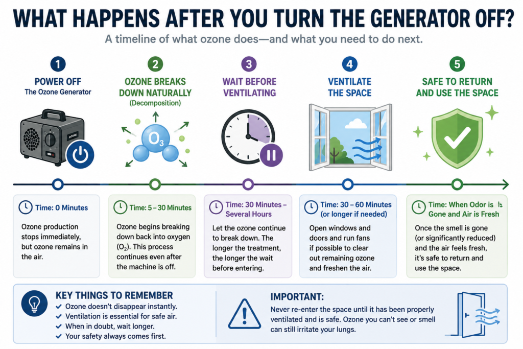 Timeline explaining what happens after an ozone generator is turned off, including ozone breakdown, ventilation, and safe reentry