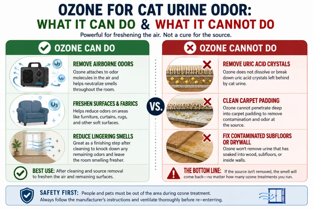 Infographic showing how ozone can reduce cat urine odors in the air but cannot remove uric acid crystals trapped in carpet padding and subfloors.