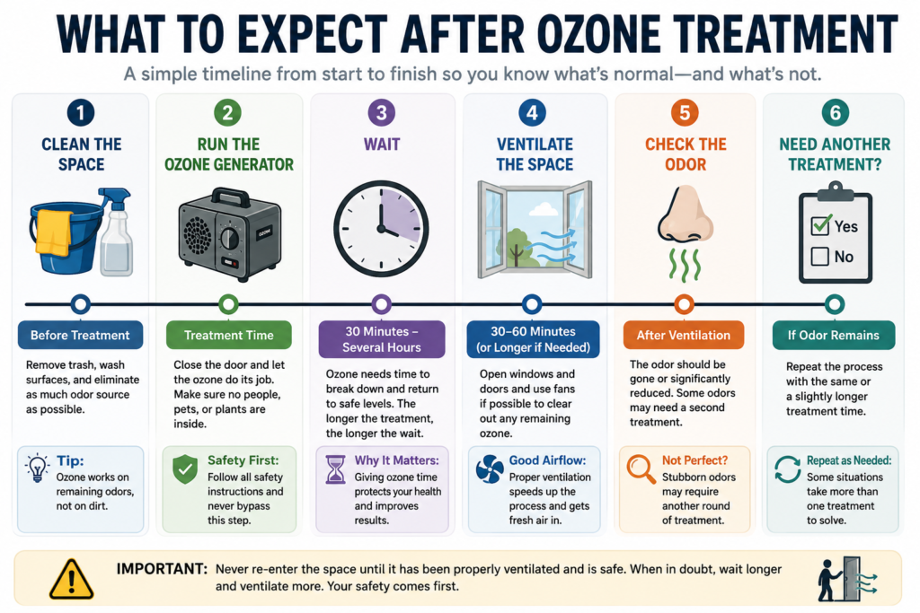Timeline showing what to expect after an ozone treatment, including waiting, ventilation, odor evaluation, and repeat treatment if needed.