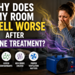Person reacting to a new smell after ozone treatment illustrating chemical reactions and hidden contaminants after using an ozone generator